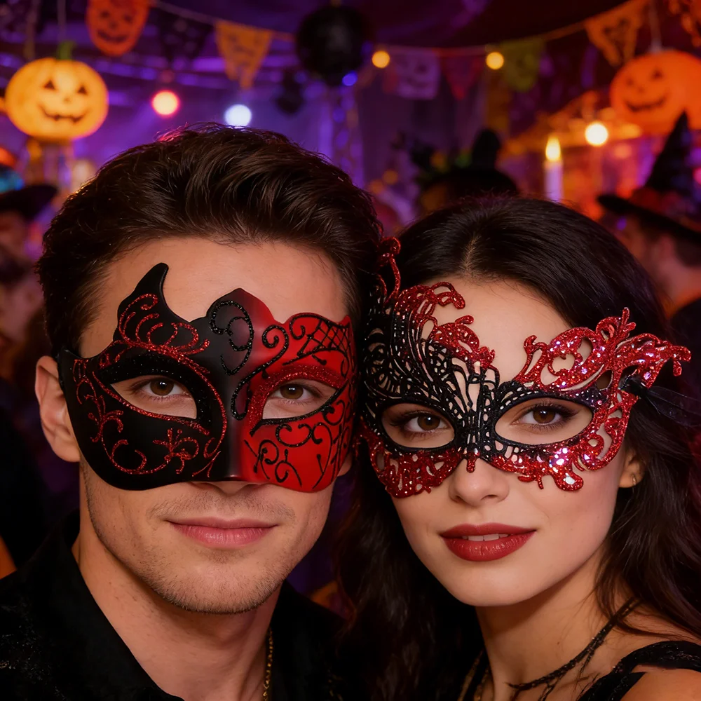 2PCS/set Couple Masks Men Painted Half Face Mask Women Lace Mask Eye Mask Set Masquerade Party Cosplay Costume Decoration Props