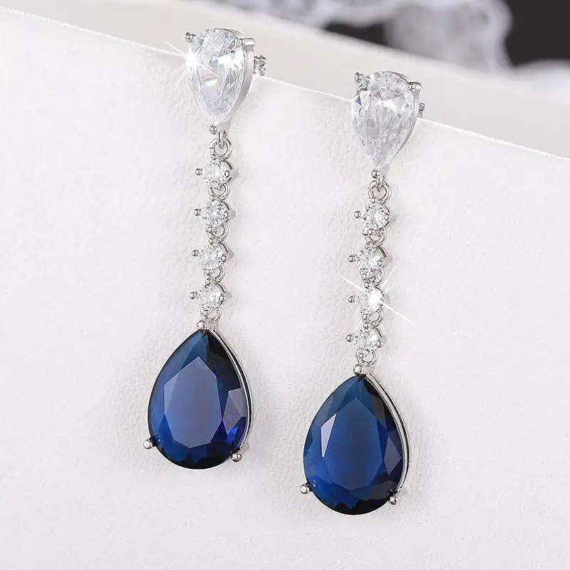 Huitan Elegant Women Long Drop Earrings Inlaid Shiny Blue/White CZ Graceful Engagement Party Charming Accessories Trendy Jewelry