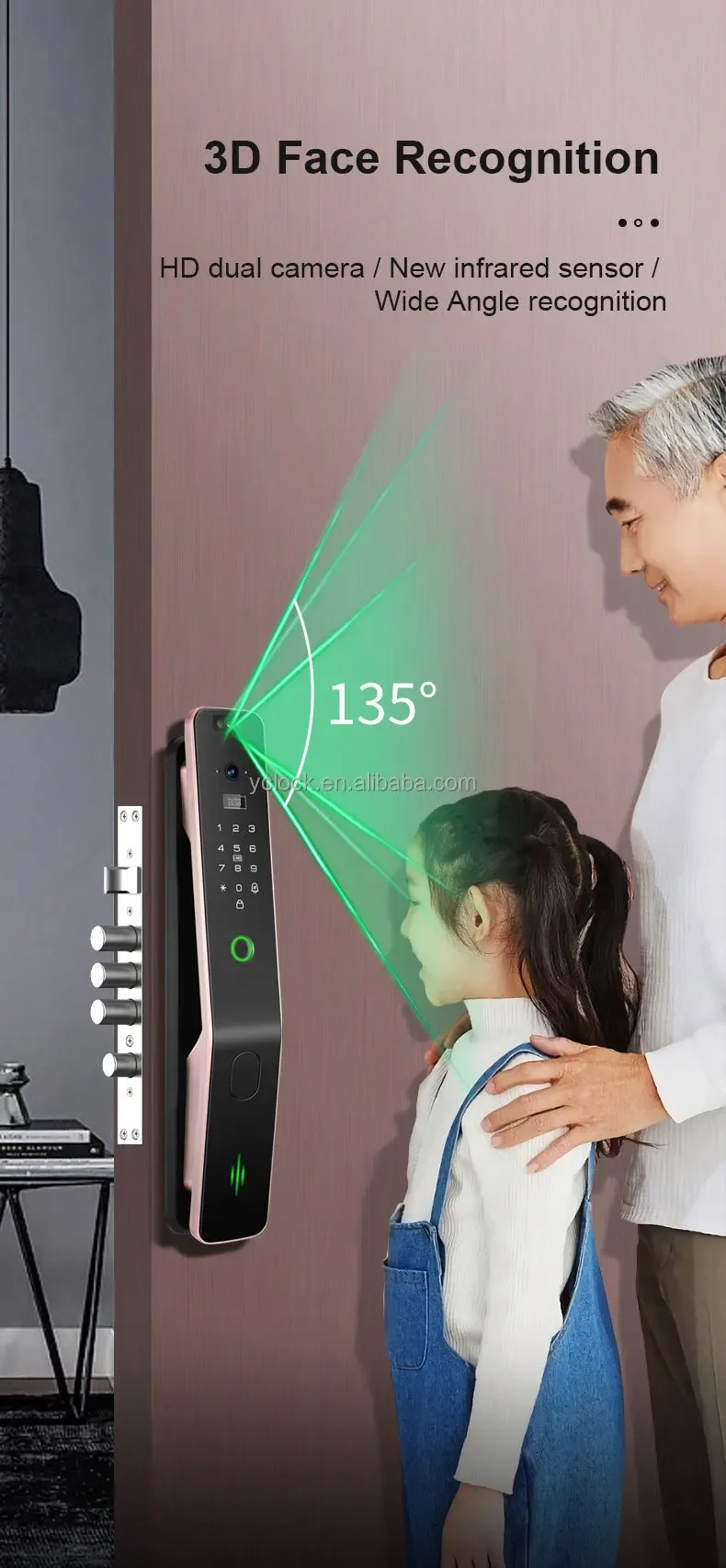 2022 قفل ذكي للتعرف على الوجه ثلاثي الأبعاد عالي الجودة مخصص 4.5 بوصة IPS - باب اتصال داخلي مرئي مع مفتاح بصمة الإصبع