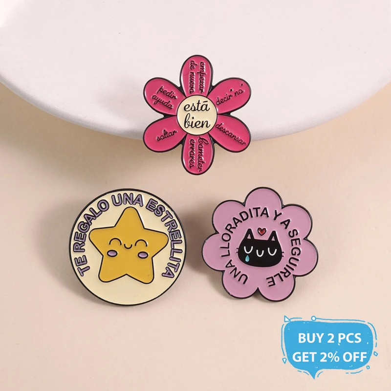 Funny Spanish Quote Enamel Pins Motivational Flower está bien Healing Phrases Mental Health Brooches Lapel Badge Jewelry Gifts