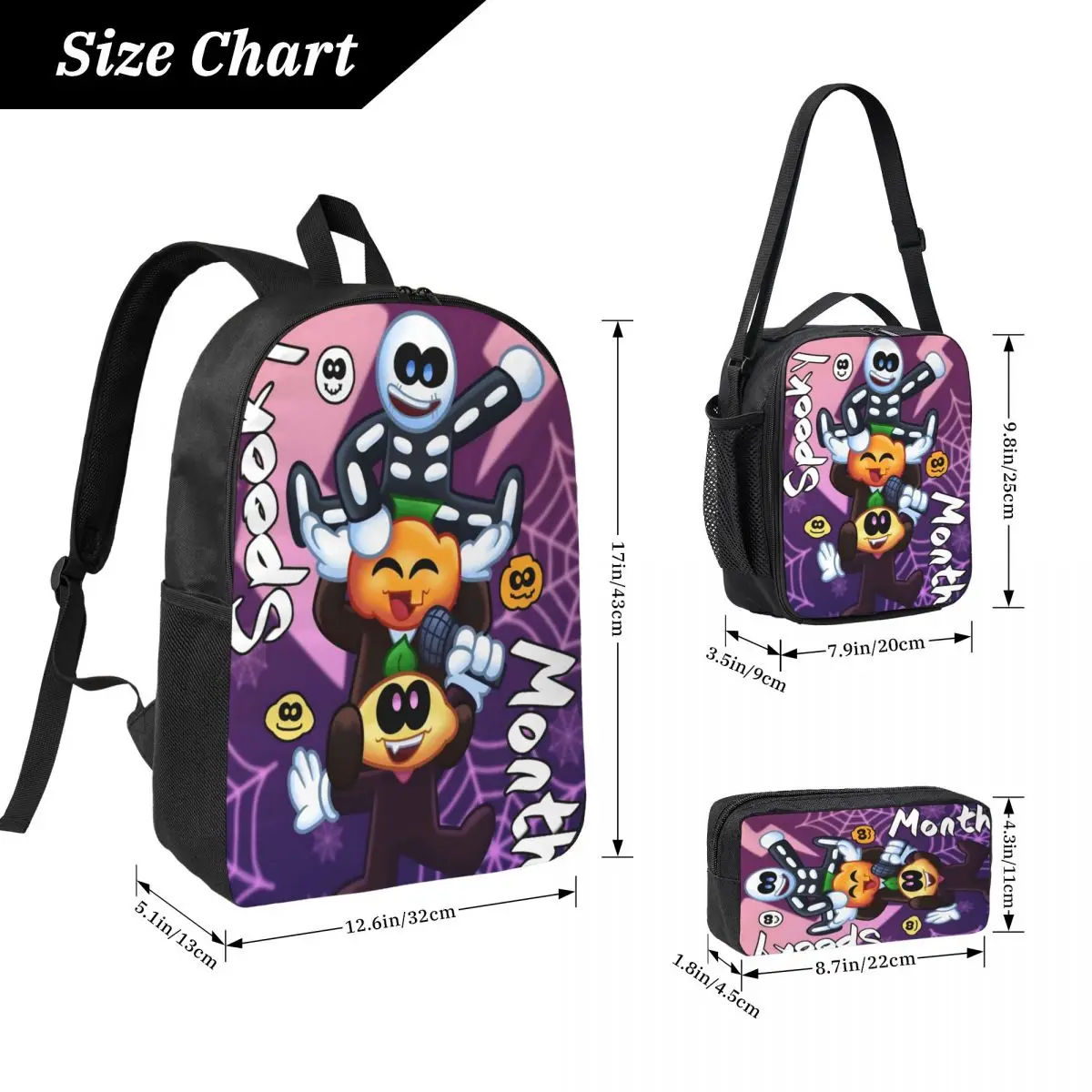 3Pcs Spooky Month Accessories Backpack Set for Children Pen Bags Bookbag Sets with Lunch Box For School Students Daypack