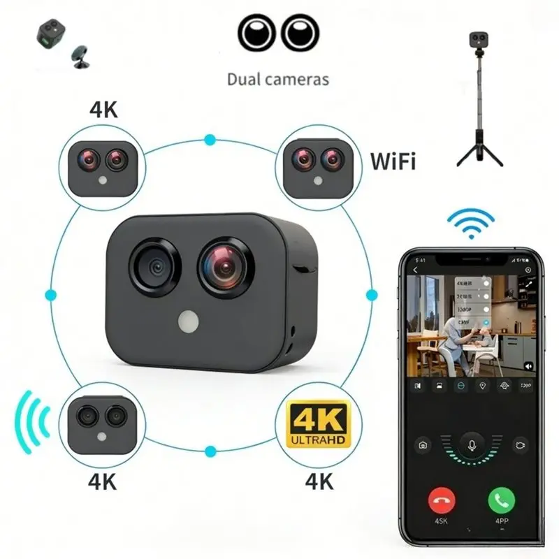 B29C-Wireless Mini Wifi Cam 4K Dual Webcam Micro IP Camcorder Smart Home Security Surveillance System Night Vision, Sport Monito