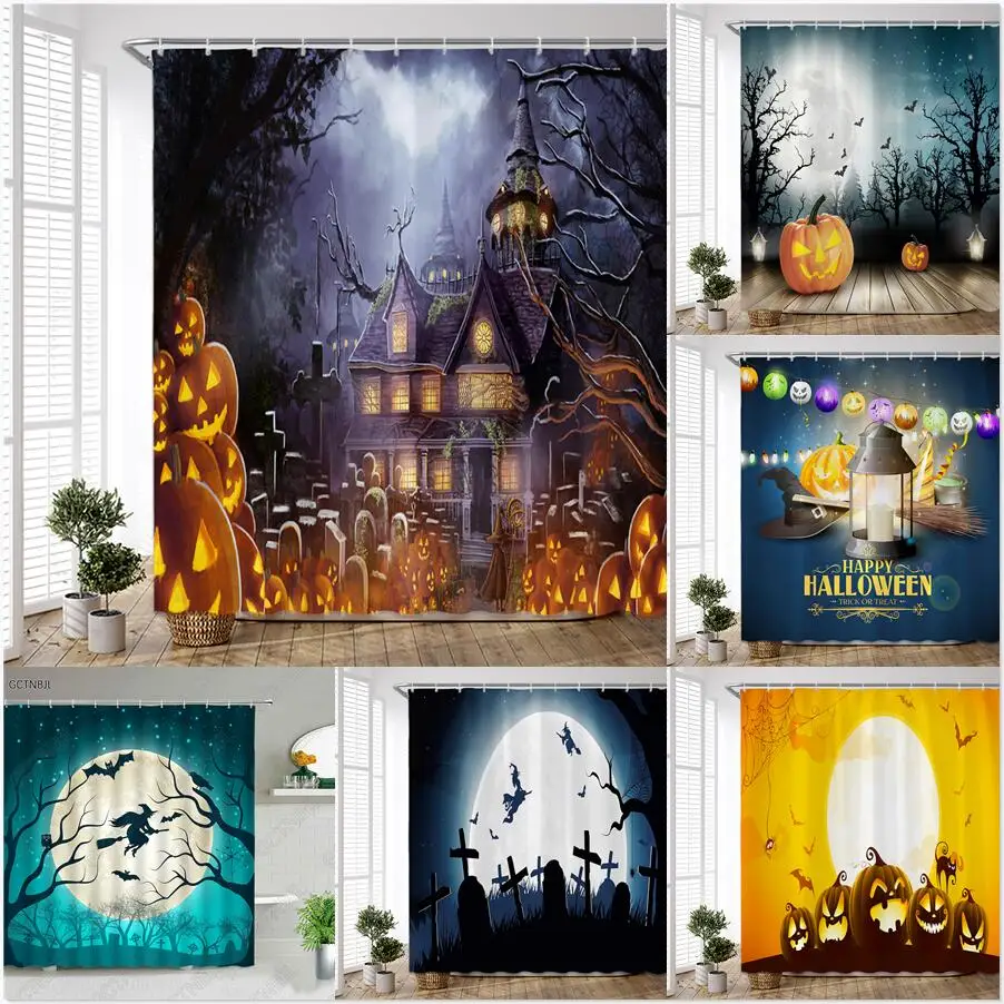 Halloween pumpkin Lantern Shower Curtain Bathroom The Terrible  Forest Wood Ghost House Tombstone Fabric Bathroom Curtain Set