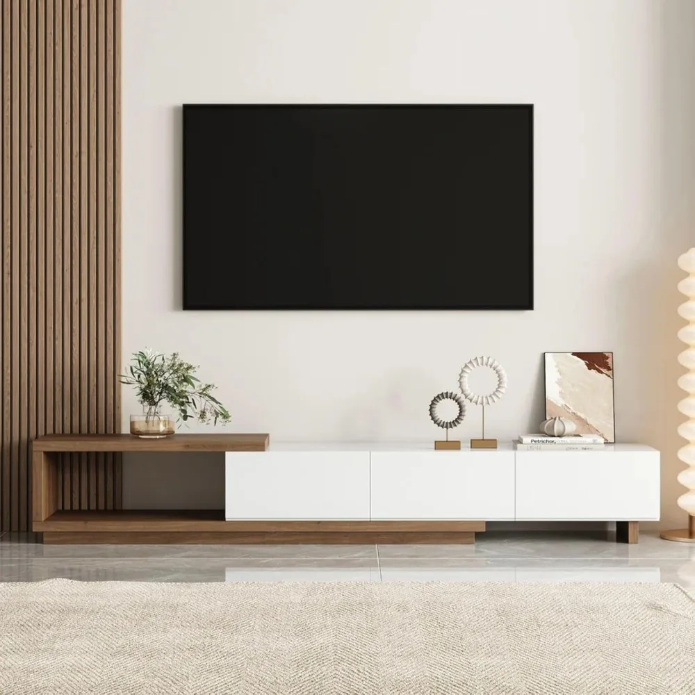 

100.4" Extendable TV Stand Modern Retracted Entertainment Center & 3-Drawer Media Console (White&Walnut)