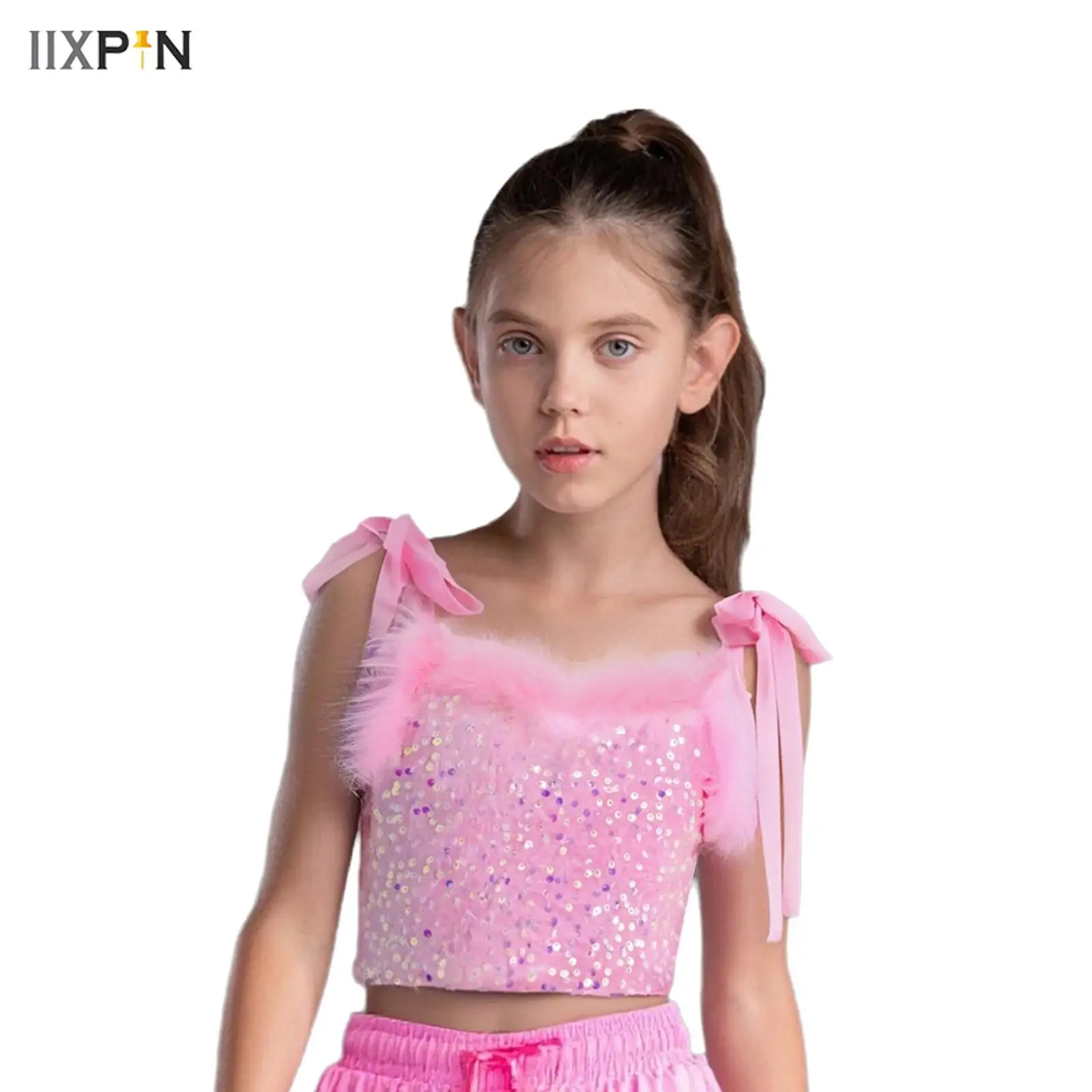 

Kids Girls Camisole Hip-Hop Jazz Dance Top Lace-up Straps Feather Trim Glittery Sequins Crop Top for Birthday Party Performance
