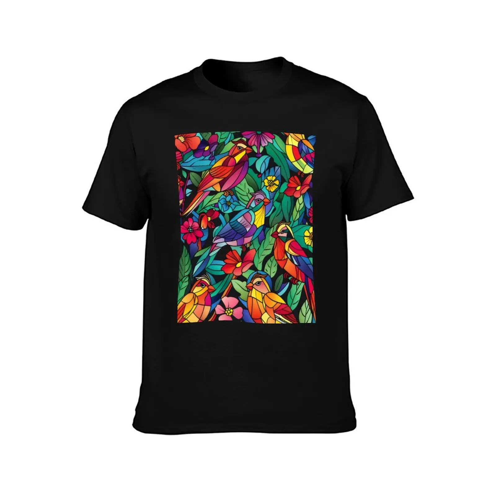 Beautiful colourful stain glass exotic birds T-Shirt Casual Light Summer Short Sleeve Top T-Shirt