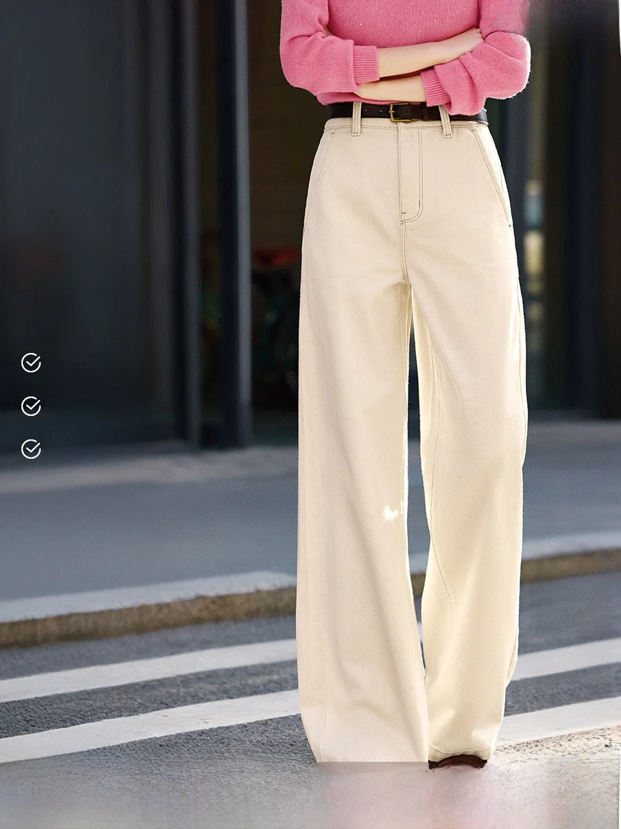 

Прямые хлопковые джинсовые брюки с высокой талией, женские чистые белые текстурированные весенние 2026 XWI Ele, утягивающие широкие джинсы