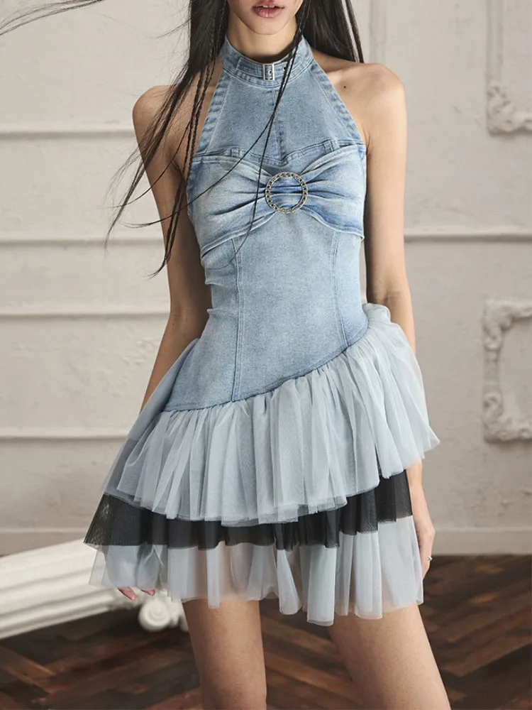 Summer 2023 Ruffles Denim Dress Sexy Women Halterneck Bodycon Jeans Club Dress Vestidos