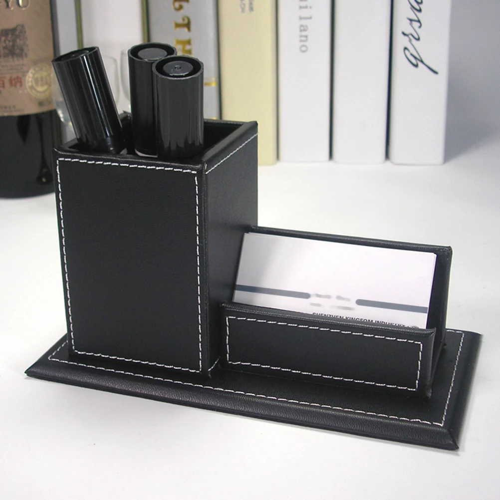 

PU Pen Holder Business Card Stand with Compartments for Pens Phones Desktop Organizer Office Desk Storage Black
