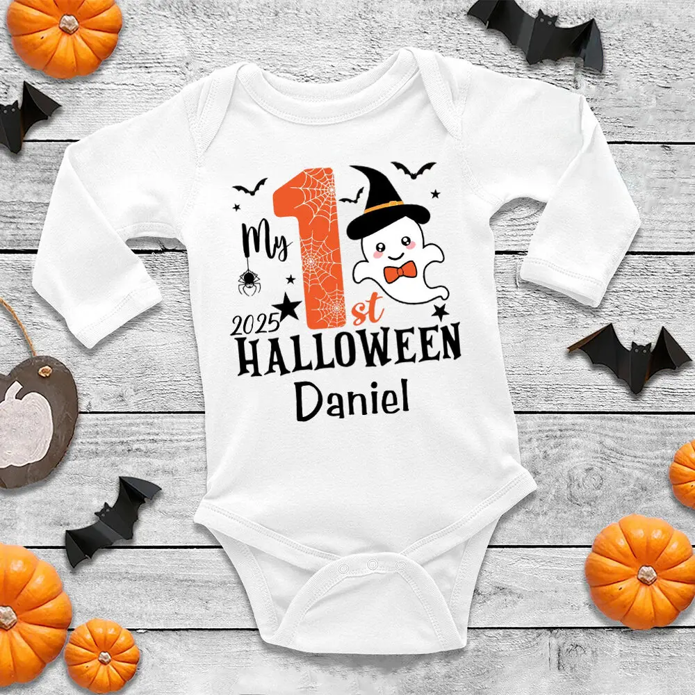 

Комбинезон для младенцев с индивидуальным именем, детский комбинезон с принтом «Мой первый Хэллоуин», осенний праздничный наряд для новорожденных, комбинезон с длинными рукавами