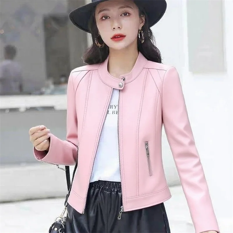 

Новая женская кожаная куртка-косуха 2026 года, весна-осень, приталенная, в корейском стиле, с воротником-стойкой