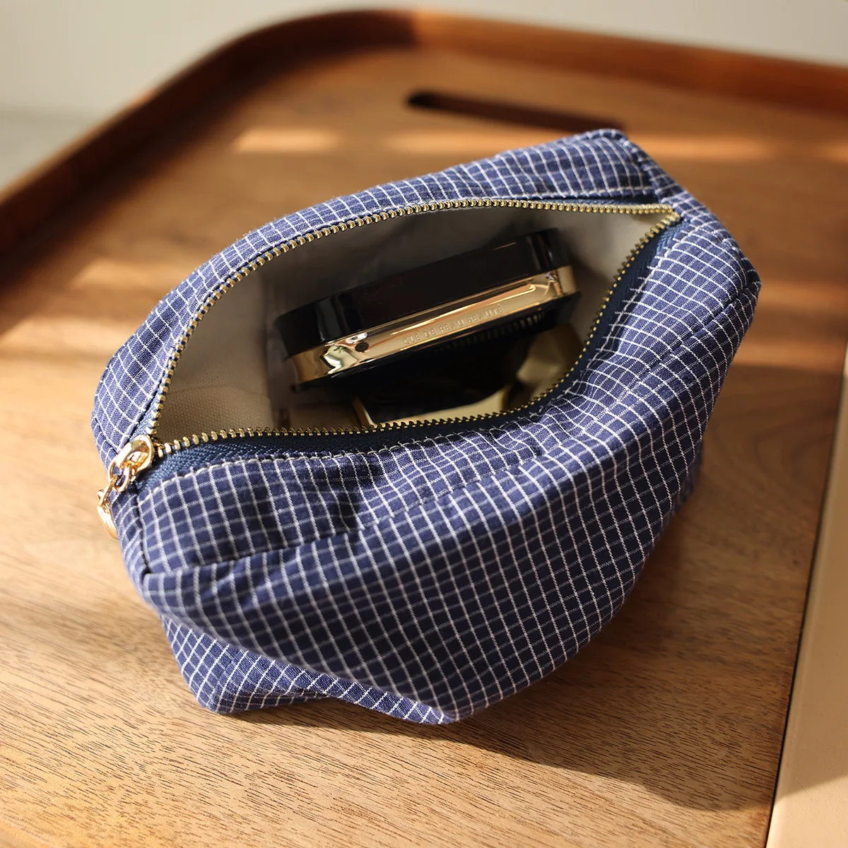 Checkered striped fabric cosmetic bag square three-dimensional zipper storage bag travel portable handbag liner bag makeup bag