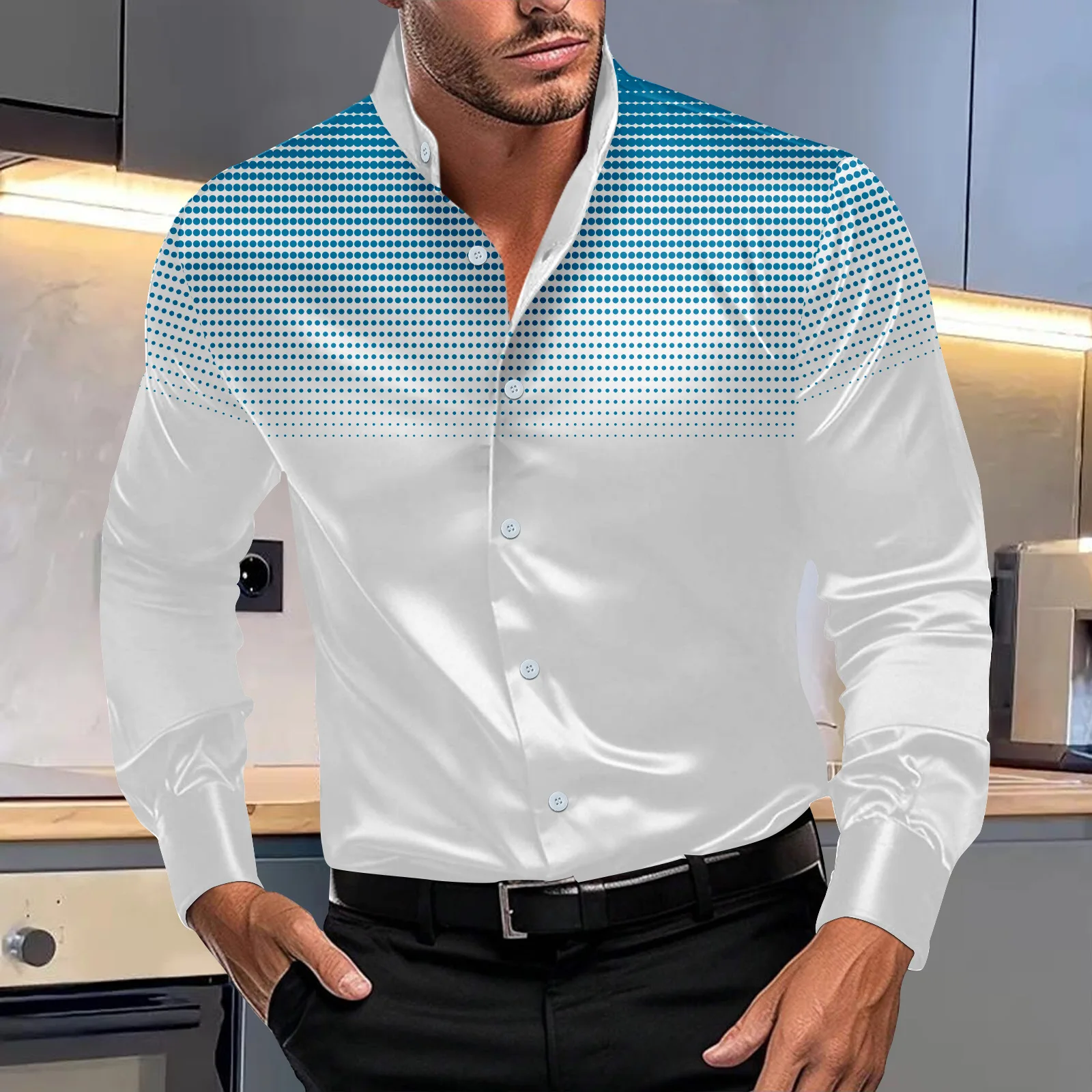 Chemise décontractée à manches longues pour hommes, imprimé à pois, élastique à quatre côtés, confortable, debout, mode printemps et automne, nouveau