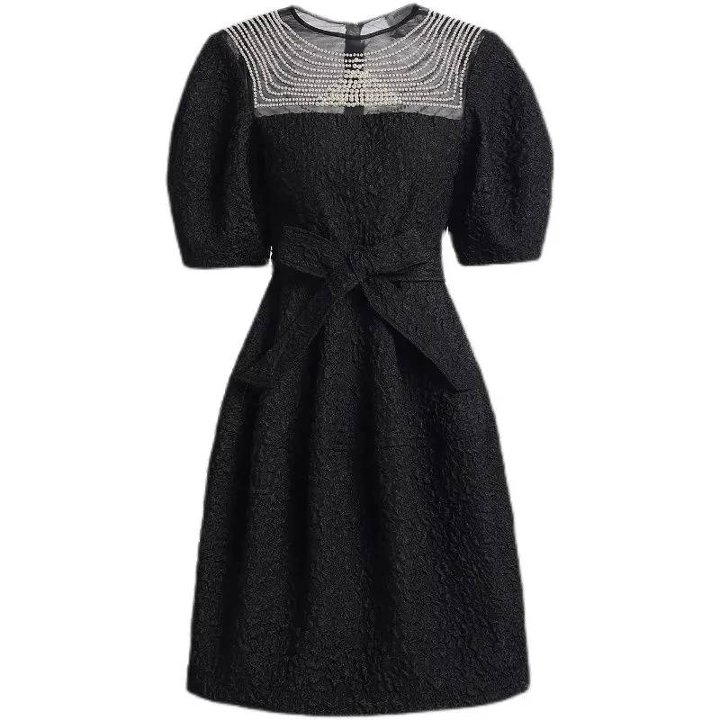 

Spring women's dress 2022 new lantern skirt lace up waist black small fragrance dress