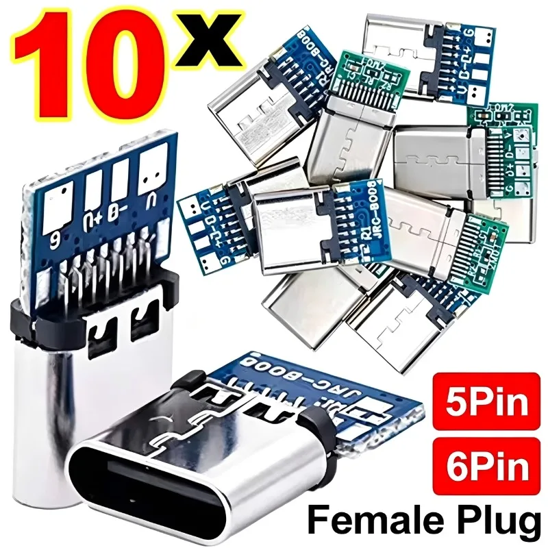 Type C Female Connectors Jack with Dual 5.1K Resistors 5Pin/6Pin Electric Terminals Welding DIY Data Cable Support PCB Board