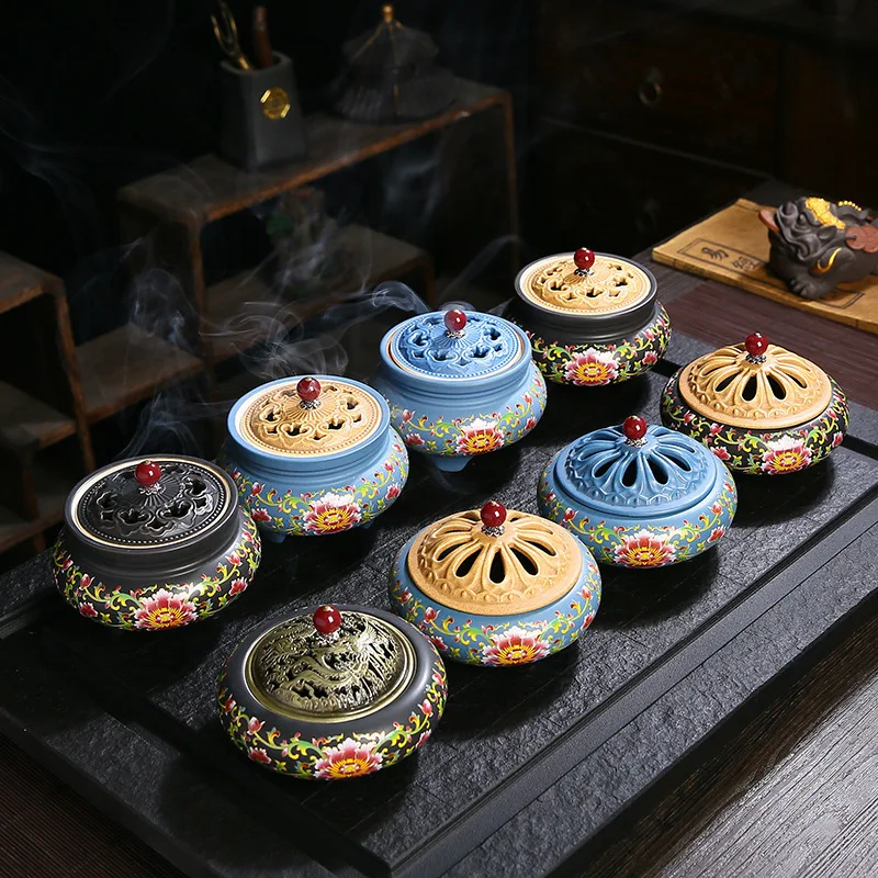 Ceramic Enamel Incense Censer, Household Sandalwood Coil Burner, Backflow Stick Incense Holder, Tabletop Home Decor Ornament