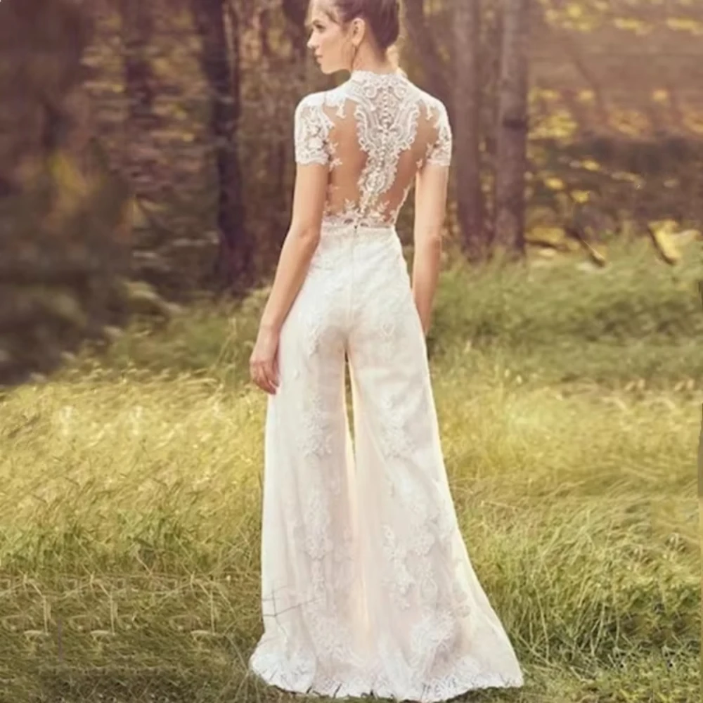 Chic ผู้หญิงงานแต่งงาน Jumpsuit แฟชั่นลูกไม้ Appliques กางเกงชุดความยาวแขนสั้นคอสูง Elegant ชุดเจ้าสาว