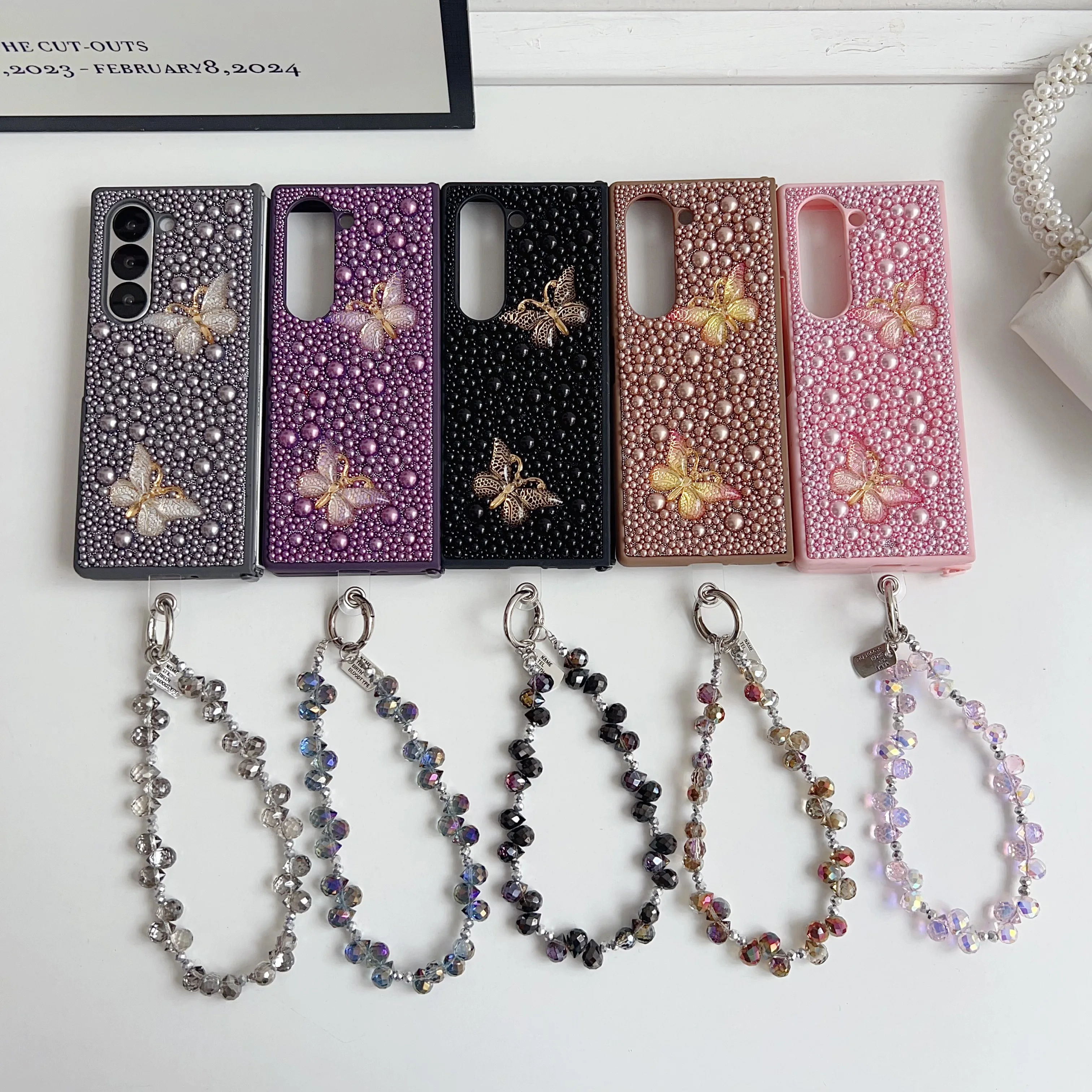 

Back Cover For Samsung Galaxy Z Fold 7 6 5 4 Case Bling Pearl Butterfly Bracelet Chain Hard PC Shockproof Phone Case