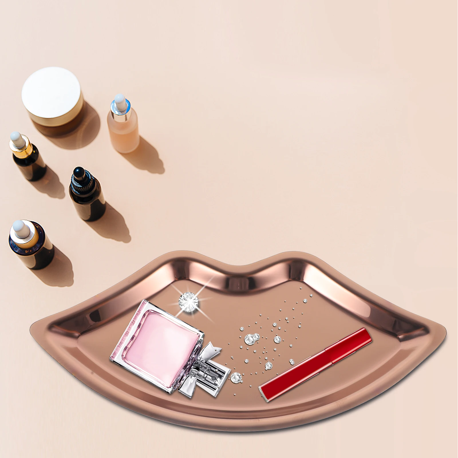 

Lip shaped Jewelry Tray in Rose Gold Stainless Steel for Perfume Lipstick Storage Desktop Photo Prop Key Dish Trinket