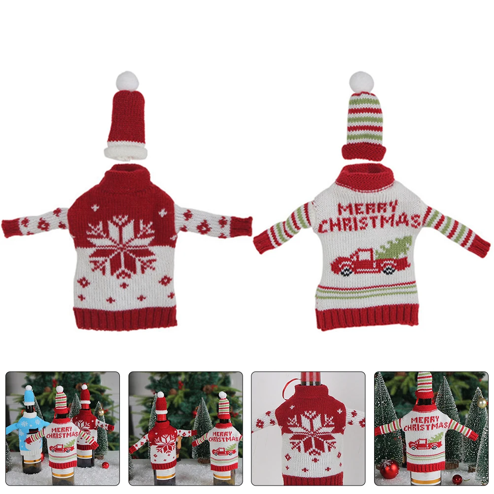 

2 Sets Christmas Wine Covers Hat Set Knit Dress Decoration Reusable Party Supplies Bar Tools Xmas Accessories Small Hat Ornament