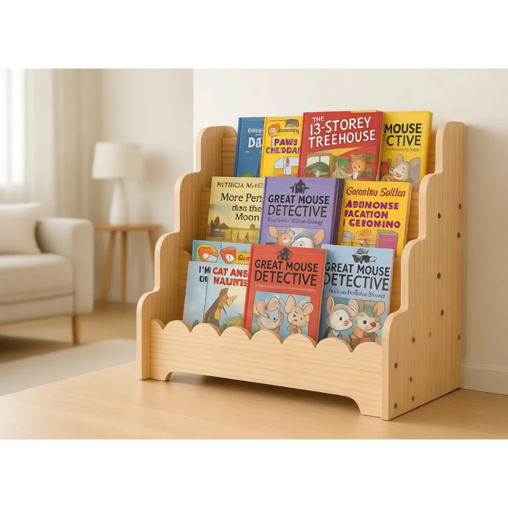

Three Tier Kids Bookshelf Scalloped Wood Bookcase for Nursery Classroom Toddler Storage