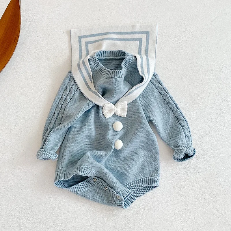 

2024 new Spring and autumn dress female baby navy collar bow wool jumpsuit bag fart ha dress triangle climbing suit 0-2years old