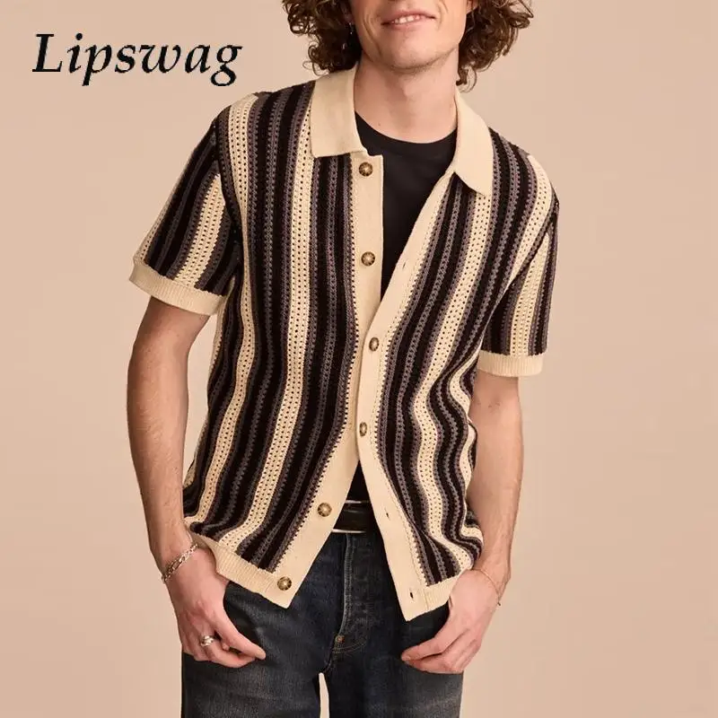 

Summer Breathable Short Sleeve Knitted Tops Men Blouse Vintage Knitwear Men's Cardigan Classic Striped Crochet Knit Shirts Mens