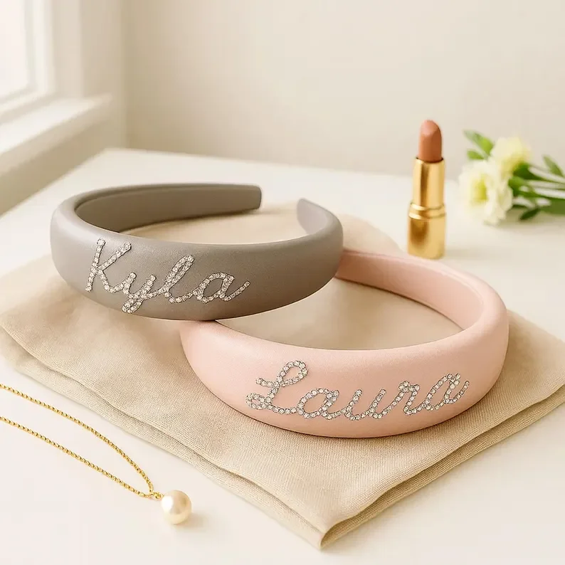 100% الحرير مخصص اسم الحرير عقال واسعة خمر Headbands ، حجر الراين اسم العصابات الشعر ، اكسسوارات للشعر للنساء ، هدية وصيفه الشرف