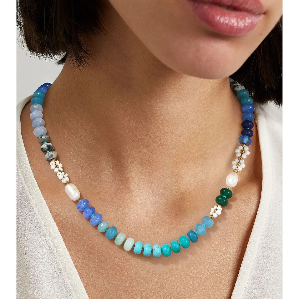Böhmische bunte Halskette mit Natursteinperlen für Frauen, niedliche Blumen-Schlüsselbeinkette, Sommer-Schmuck-Accessoires, Geschenk – Detail 3