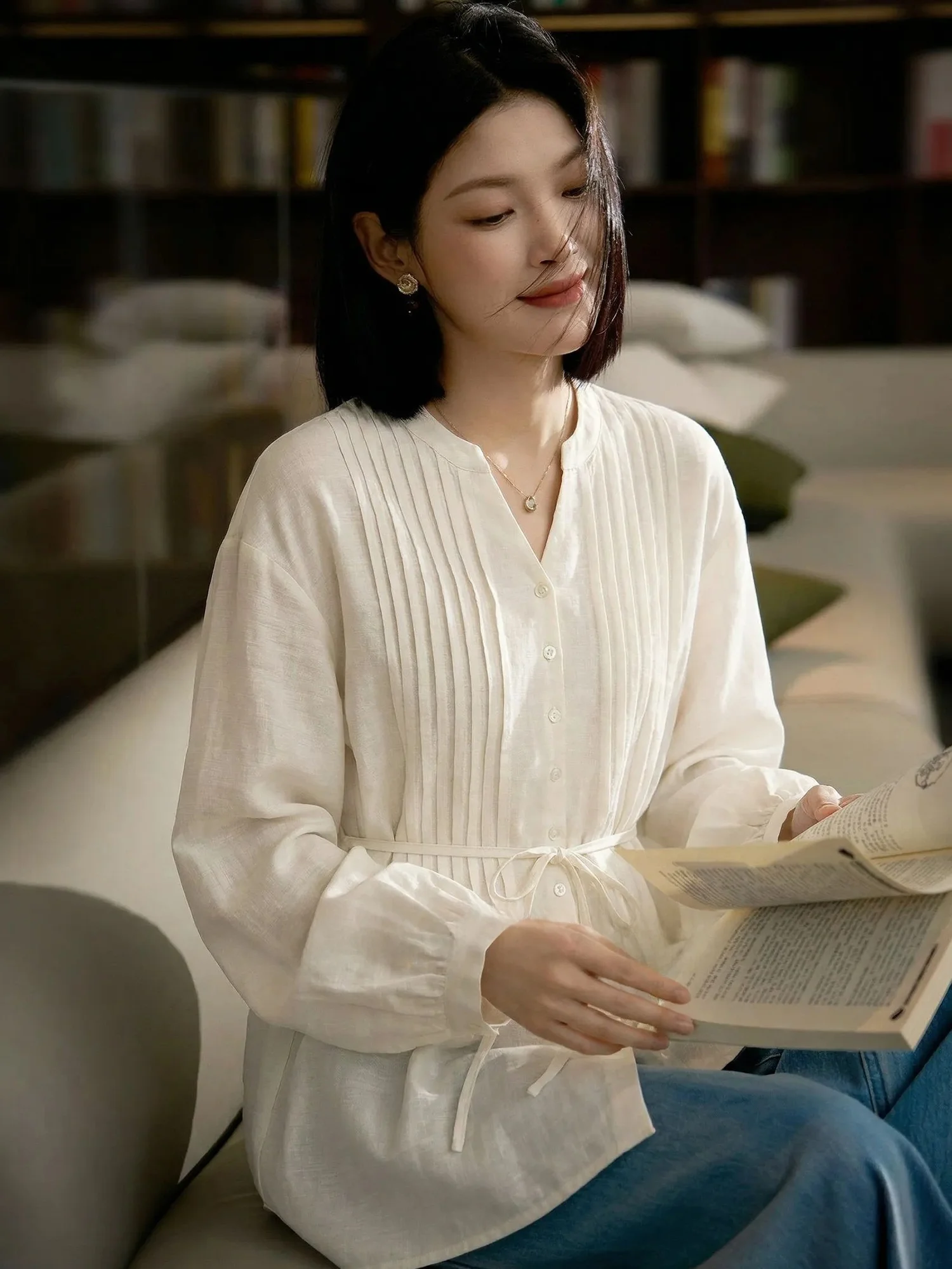 

Elegant Long Sleeve Thin Shirt Women's Waist-Cinching Design Summer Shirt Chivirin V-neck Casual Wear Polyester Rayon Lenzing