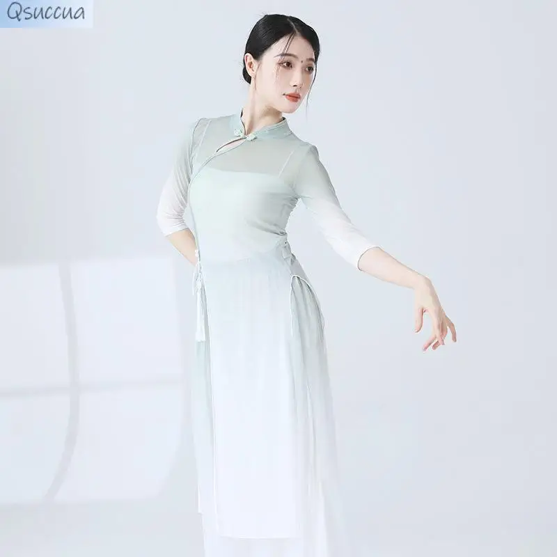 Mulheres roupa de dança clássica elástica, Tops Estilo Nacional, Gradiente Cheongsam, Performance Prática de Rima Corporal, Mulheres