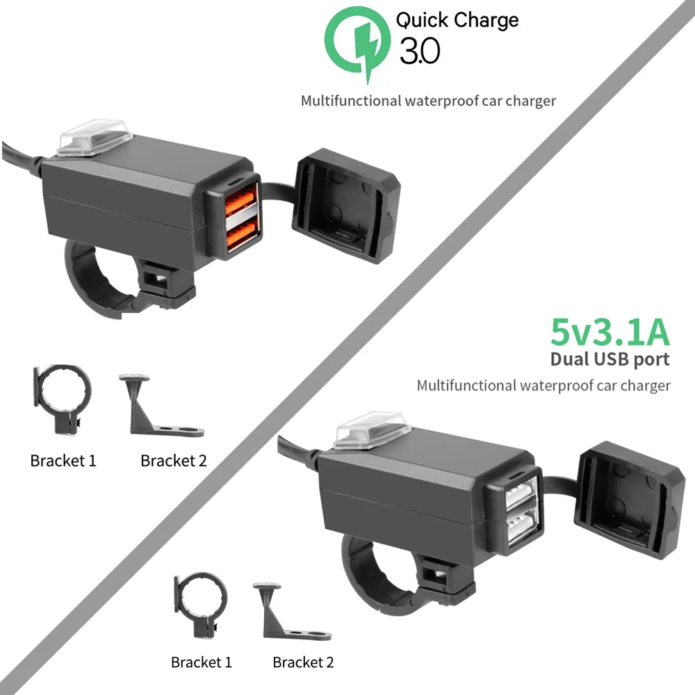 듀얼 USB 오토바이 핸들 바 충전기 어댑터, QC3.1/3.1A 12V 방수 전원 공급 소켓, 휴대폰 GPS 네비게이션 MP4 플레이어