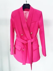 HIGH STREET New Fashion 2024 Designer Jacket Women's Double Breasted Lion Buttons Belted Shawl Collar Blazer Hot Pink