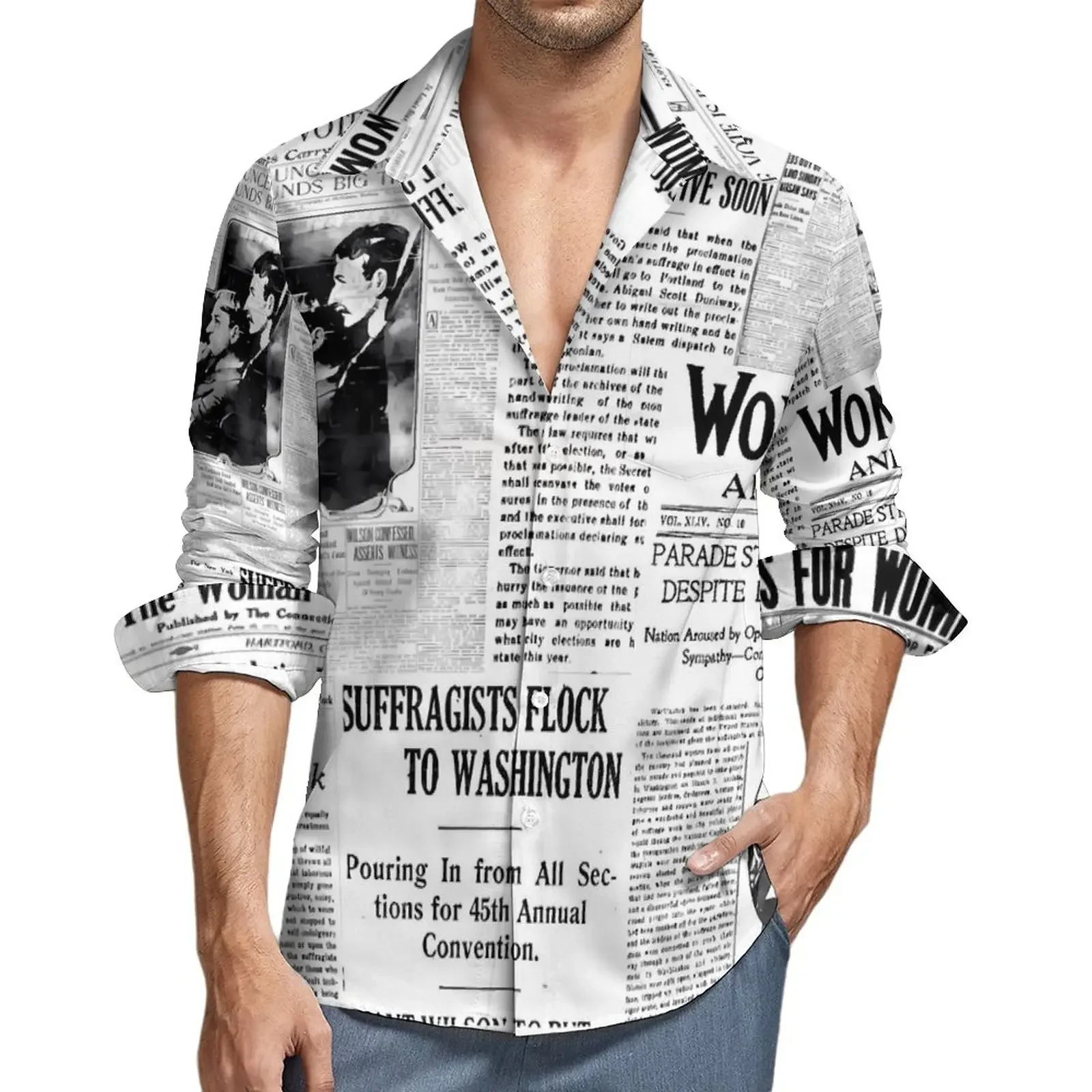 Men Long Sleeve Button Down Shirt, Vintage Newspaper Text Print Turn‑Down Collar Casual Daily Aloha Shirt