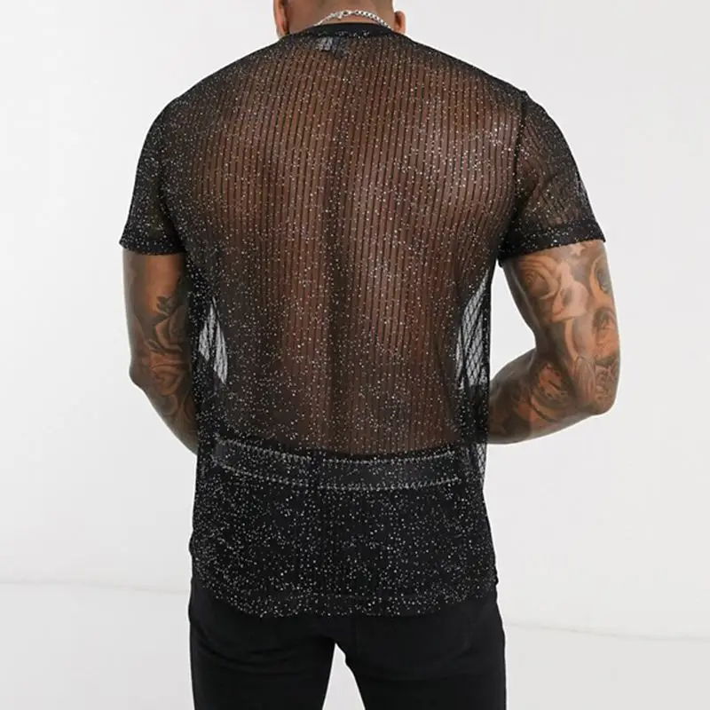 Sexy Men See Through Short Sleeve Top Sequin Transparent Mesh Shirts Gay Exotic Tops 2024 Night Party Y2k Chemise Stage Costume