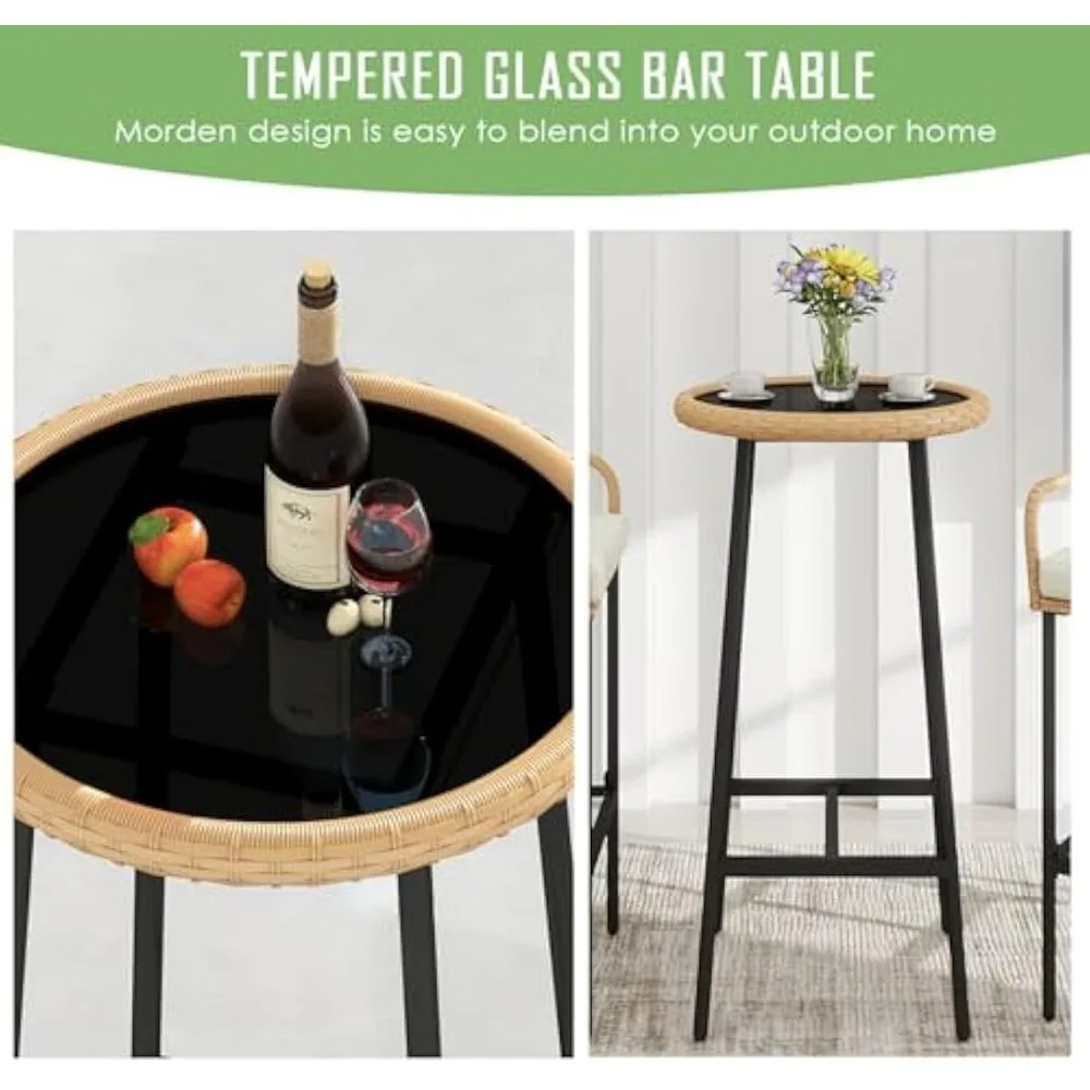 3 Pieces Patio Bar Table Set, Outdoor Wicker Bar, All Weather Height Bar Stools and Table Set, for Garden, Deck, Balcon