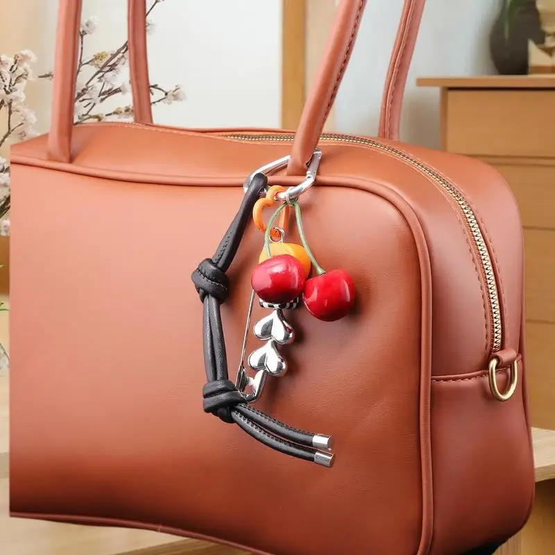 

Y2k Cherry Leather Heart Rope Keychain; Perfect Women's Bag Pendant and Car Decorative Item