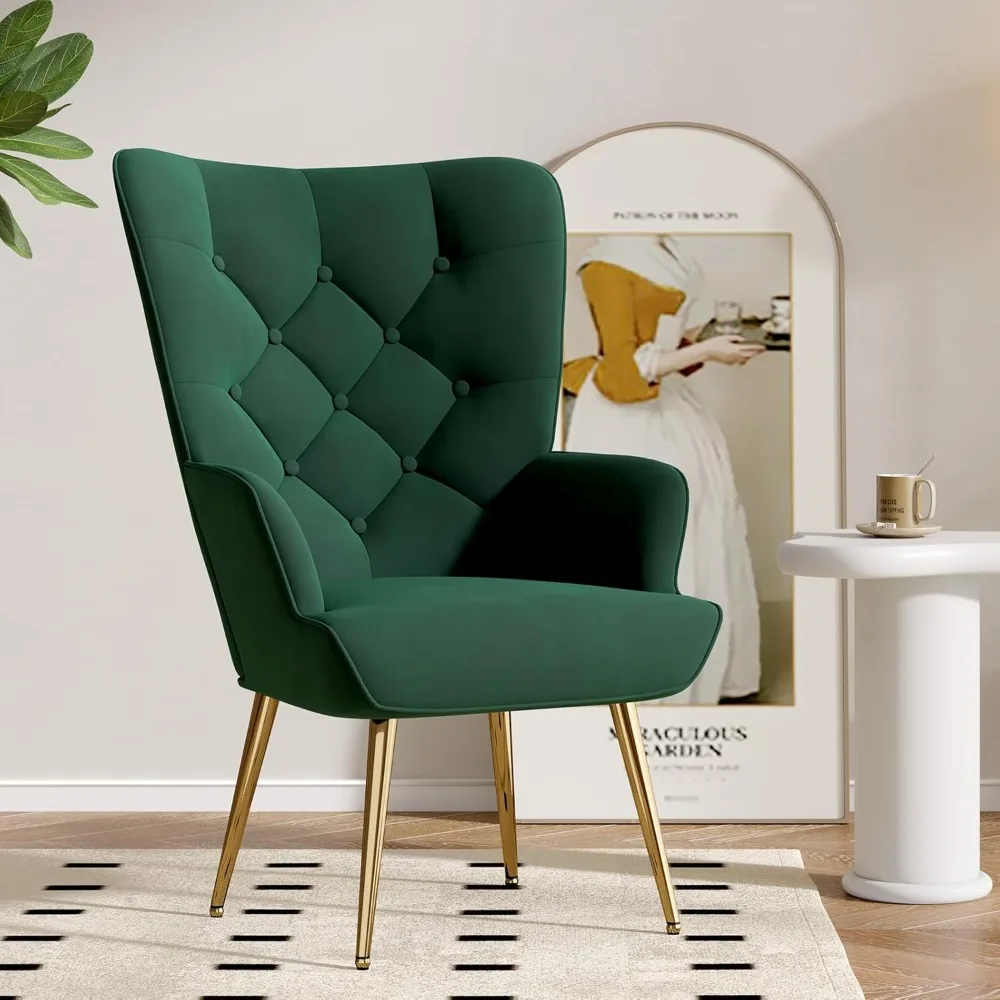 

Mid Century Modern Accent Chair, Velvet Upholstered Armchair with Metal Legs, Tufted Button Wingback Side Chair