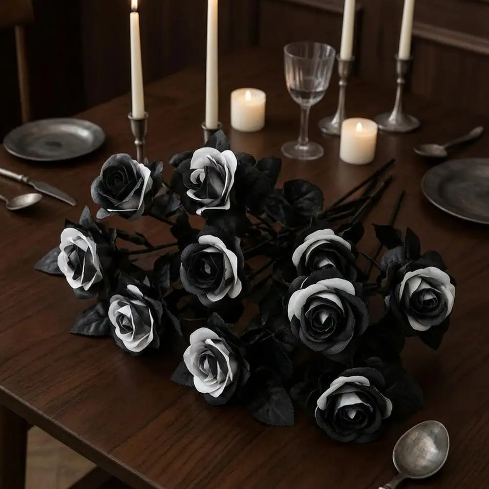 Black Blood White Flowers Realistic Prickly Flower Stems Halloween Artificial Rose Flowers Realistic Fake Roses with Leaves Diy