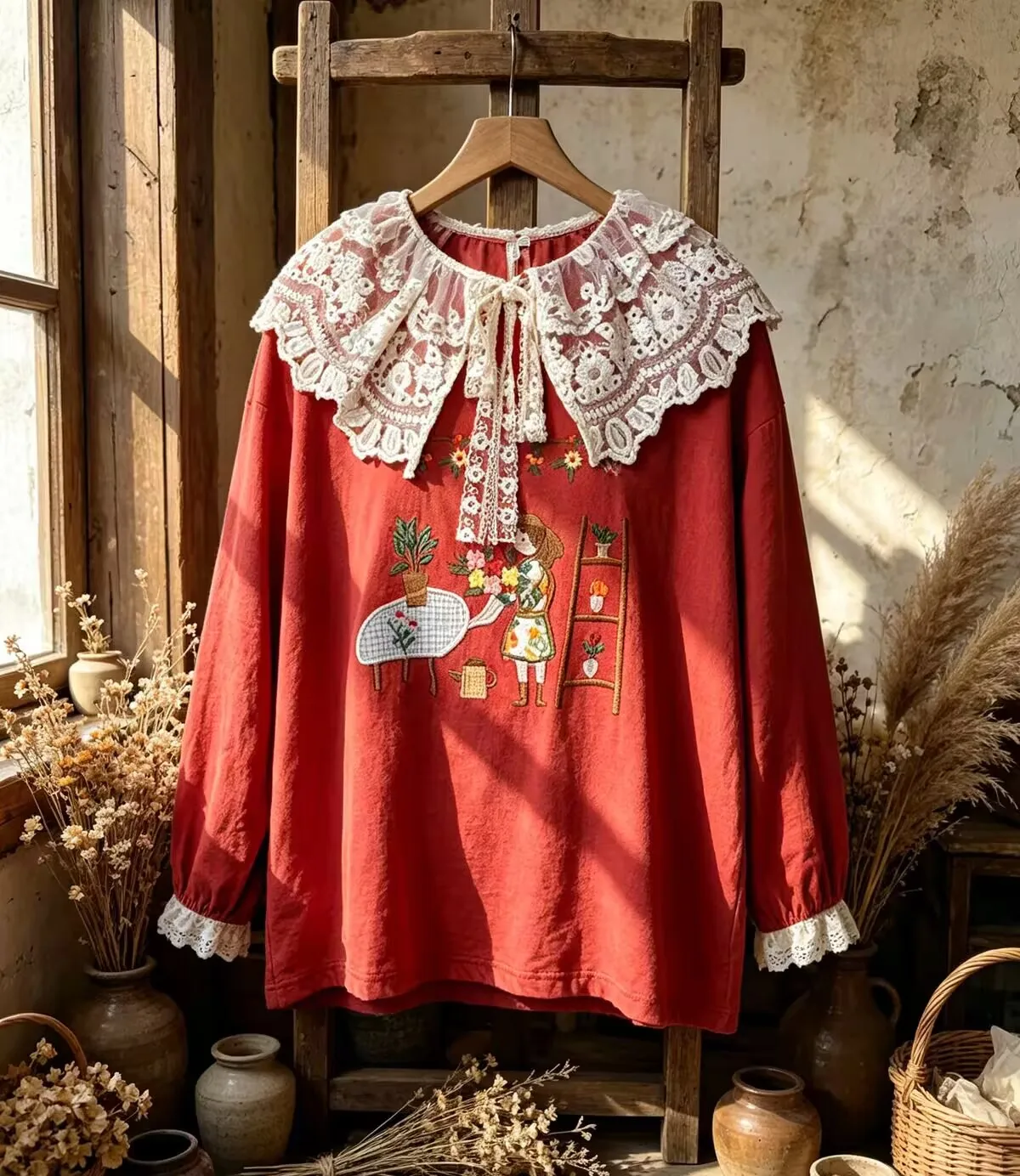 Spring Autumn Japanese Mori Girl Cartoon Embroidered Long Sleeve Shirt Women Pullover Sweet Lace Patchwork Shirts