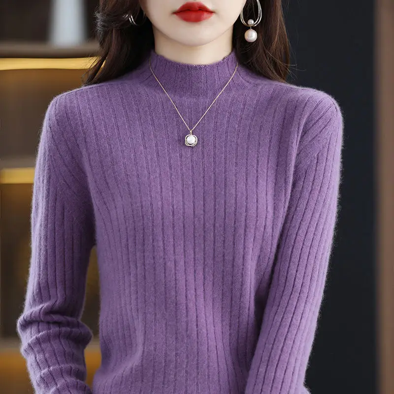Autumn and Winter Women's Pullover Half High Neck Solid Screw Thread Long Sleeve Sweater Knitted Underlay Fashion Casual Tops