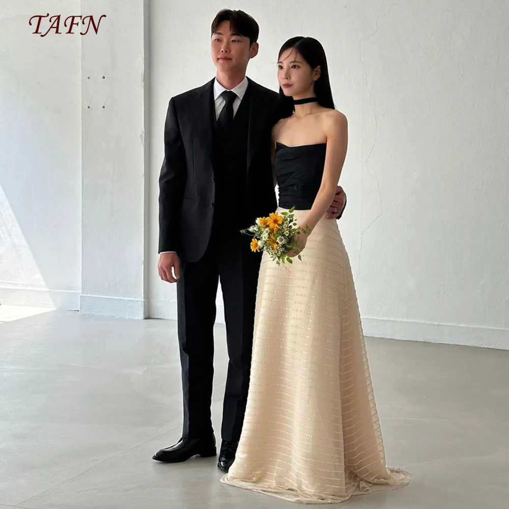 

TAFN Korea Reception Dresses Strapless Simple Floor-Length Wedding Shooting Dresses Sleeveless Contrast Color Bridal Gown