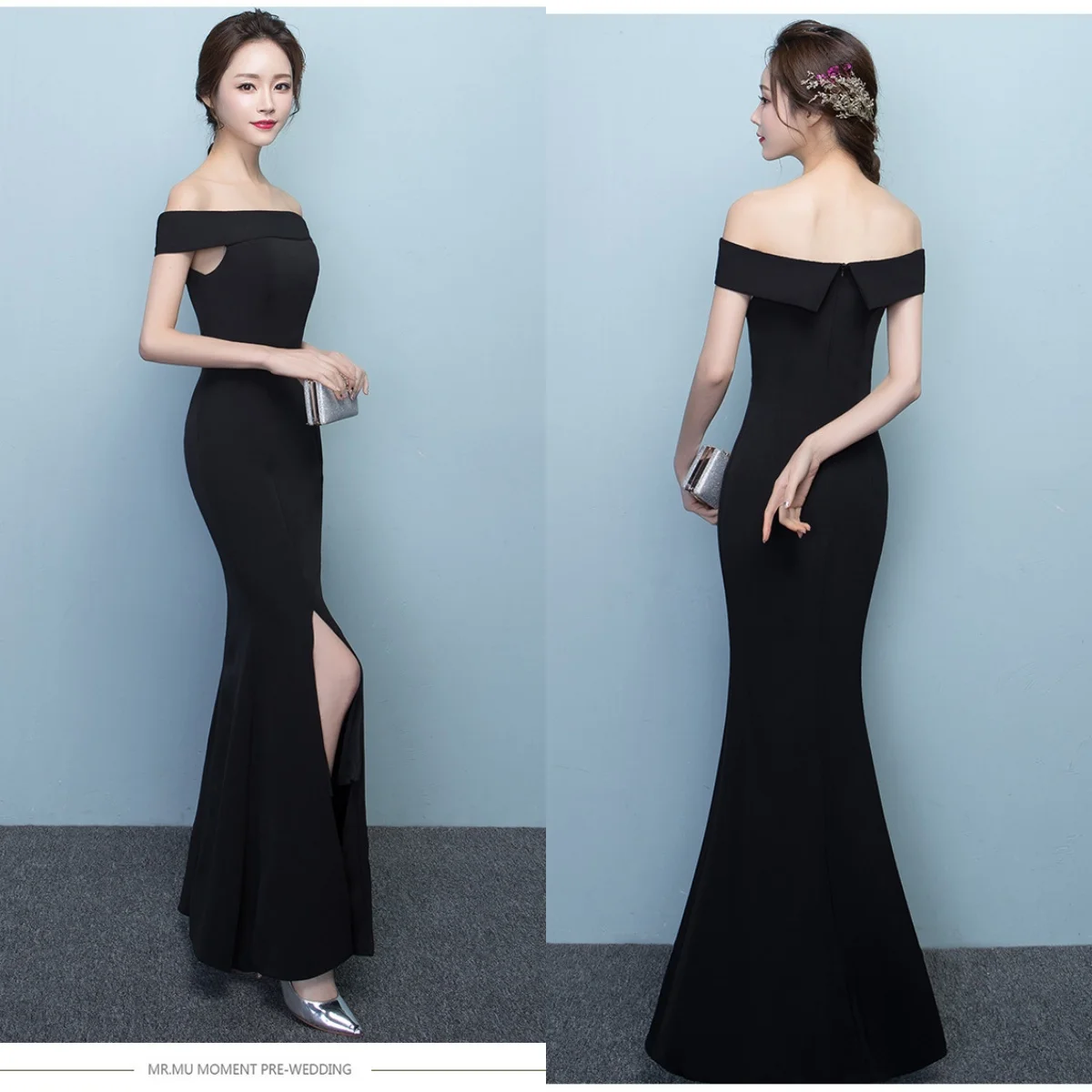 

Evening Dress Black Stretchy Off the Shoulder Zipper Back Mermaid Trumpet Slit Floor Length Simple Women Party Formal Gown YE199