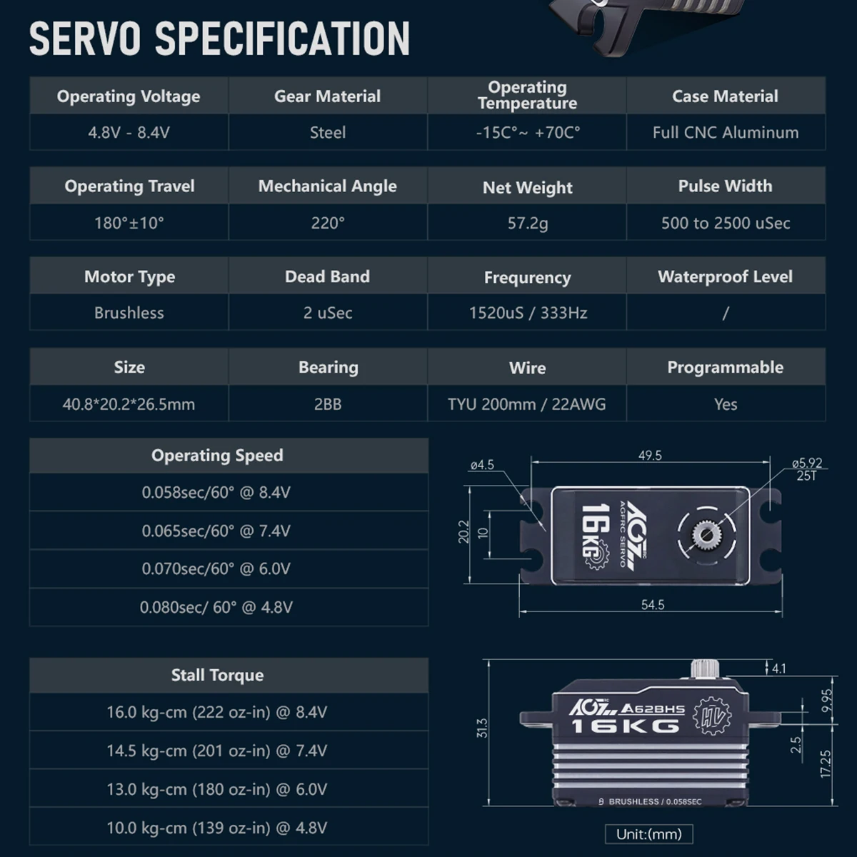 AGFRC Servo Brushless a basso profilo A62BHM A62BHS Servo sterzo programmabile Super Speed 16KG per 1/12 1/10 RC Car Robot Boat