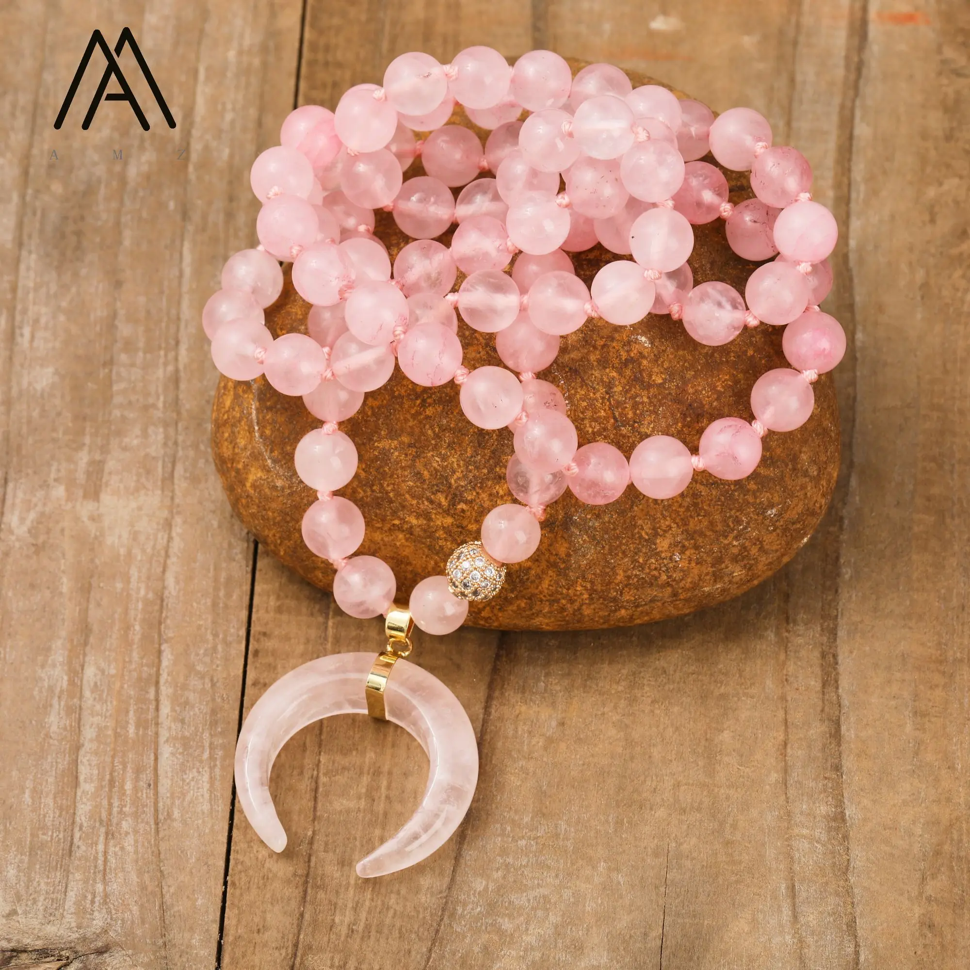 

Natural Rose Quartz Mala Necklace Healing Crystal Crescent Moon Pendant Handmade Knotted Necklaces Yoga Jewelry Women Gifts