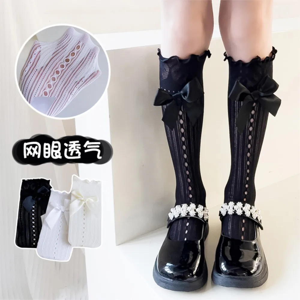 new children's socks Lolita fungus mesh ribbon big bow stockings girls calf socks in summer.