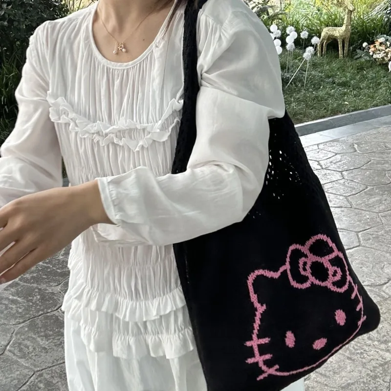 Miniso Sanrio Hellokitty Gebreide Zwarte Handtassen Cartoon Bedrukt Mesh Schattige Schoudertassen Casual Hoge Capaciteit Draagtassen Voor Vrouwen