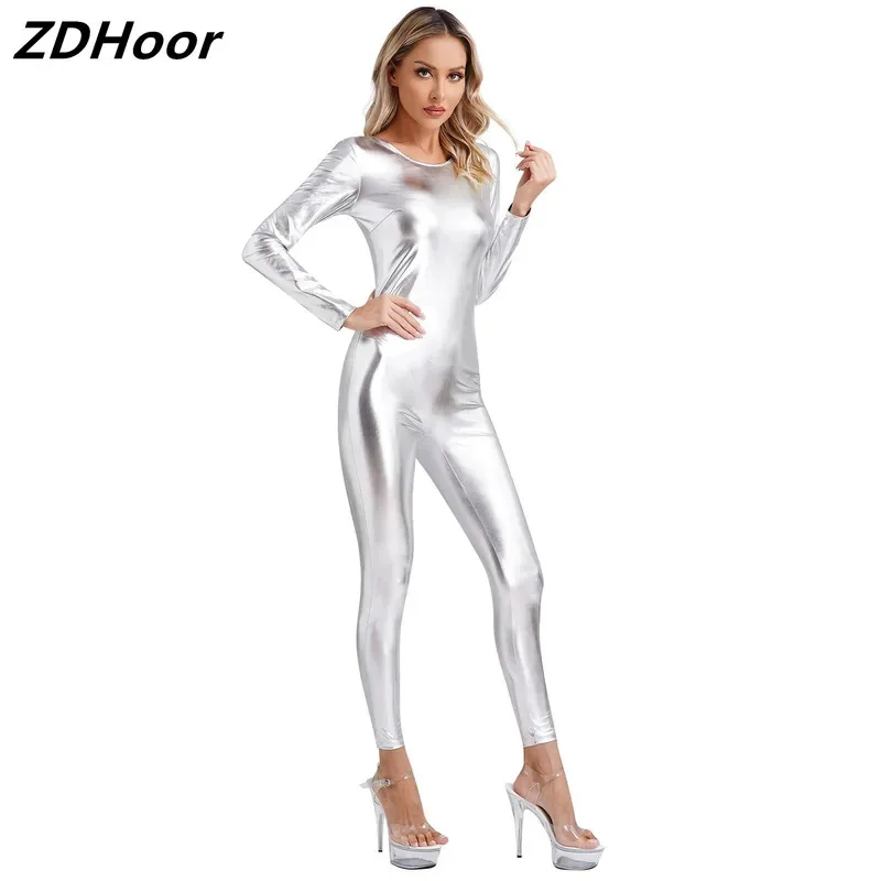 

Womens Metallic Shiny Unitard Dancewear Round Neck Long Sleeve Slim Fit Full Body Bodysuit One Piece Clubwear Festival Costumes