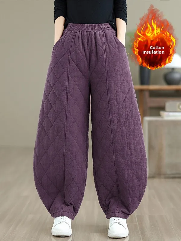 الرجعية الشتاء القطن الكتان السراويل كبيرة الحجم الملابس النسائية مبطن الماس نمط الدافئة فانوس السراويل ملابس خارجية