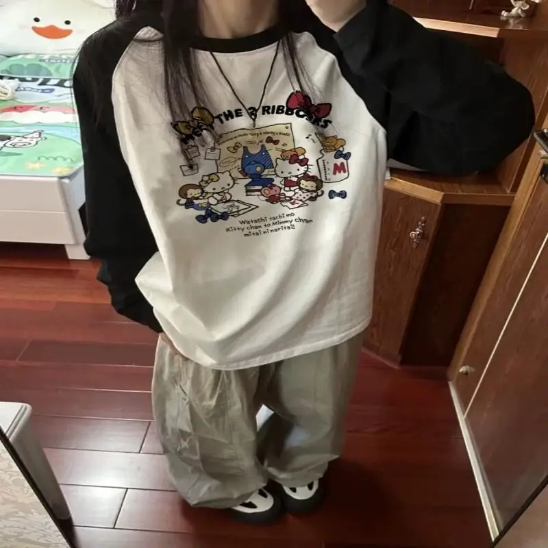 

Cartoon Sanrio American Hello Kitty Raglan Long Sleeve T Shirt Unisex Couple Spring Autumn Vintage Color Block Loose Trendy Tops